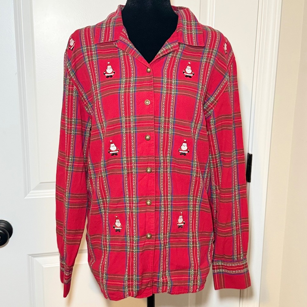Karen Scott Sport Red Plaid Christmas Embroidered Cute Cotton Shirt Large